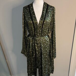 Morgan Lane Olive Satin Floral Robe with Black Trim